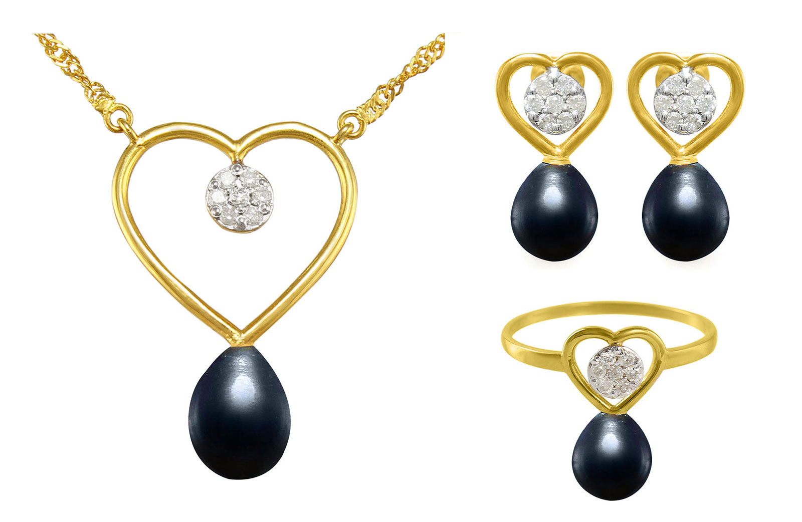 VP Jewels: 18k Solid Gold Diamonds 7mm Black Pearls Solitaire Heart Earrings, Ring and Necklace Set